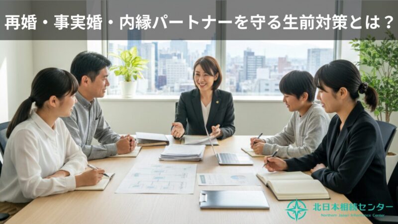 再婚・事実婚・内縁パートナーの生前対策について、北日本相続センターの専門家が家族と札幌のオフィスで相談している様子