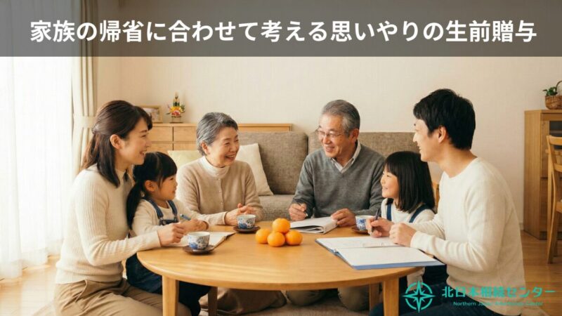 年末年始に三世代家族がテーブルを囲み、生前贈与や相続について穏やかに話し合う様子
