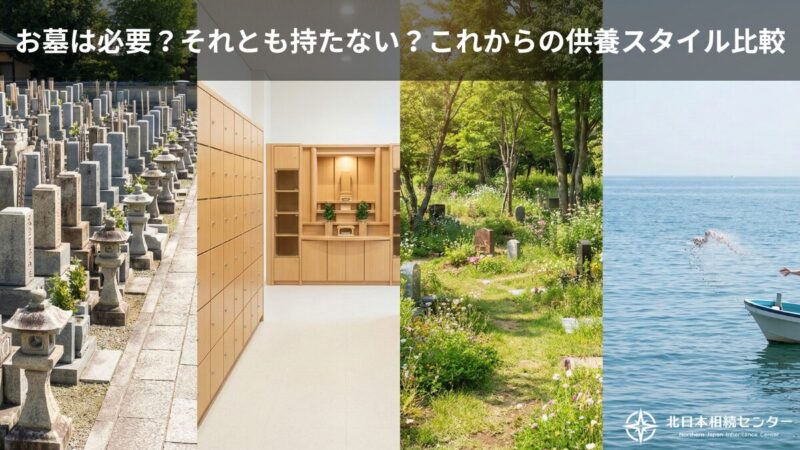 お墓は必要かをテーマに、墓地・納骨堂・樹木葬・海への散骨を4分割で比較した北日本相続センターのヘッダー画像