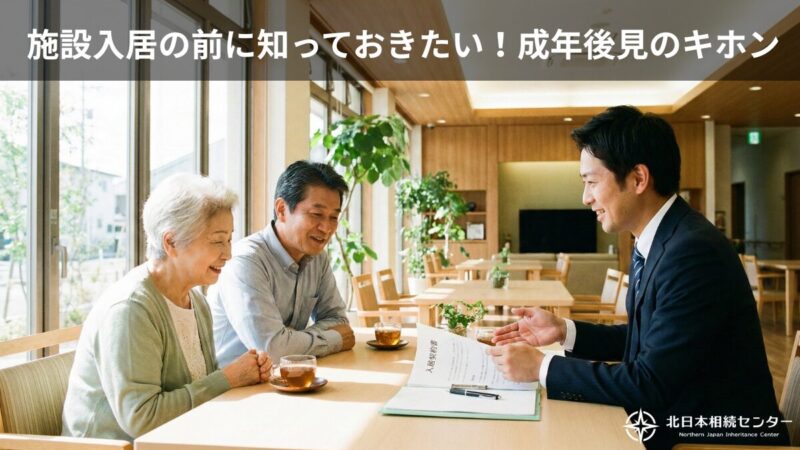 介護施設の明るいロビーで、高齢の女性と中年の男性がスーツ姿の職員とテーブルを囲み、「入居契約書」と書かれた書類を見ながら穏やかに相談している様子。上部に「施設入居の前に知っておきたい！成年後見のキホン」という文字が表示されている。