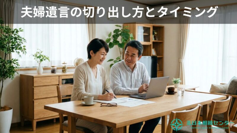 明るいリビングで日本人の中高年夫婦が、テーブルの上の書類とノートPCを見ながら微笑んで相続と遺言について話し合っている。画面上部に「夫婦遺言の切り出し方とタイミング」のタイトル、右下に北日本相続センターのロゴが表示されている。