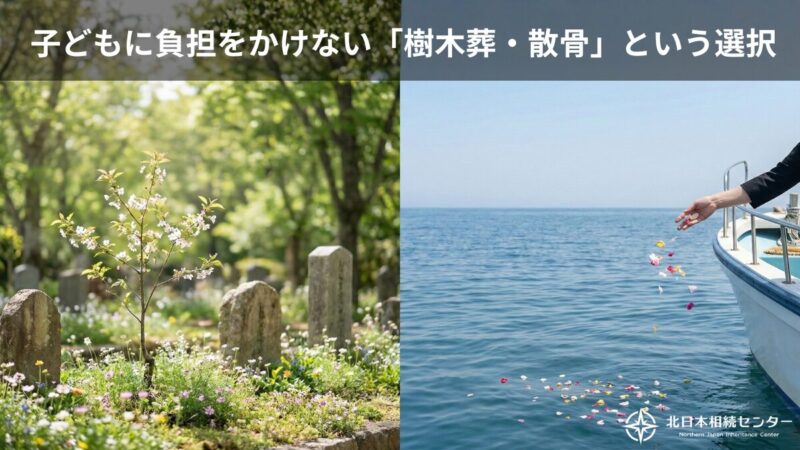 子どもに負担をかけない樹木葬と海での散骨をイメージした写真。左に緑豊かな樹木葬の墓地、右に海へ花びらをまく散骨の様子。「子どもに負担をかけない『樹木葬・散骨』という選択」のテキストと北日本相続センターのロゴ入り。