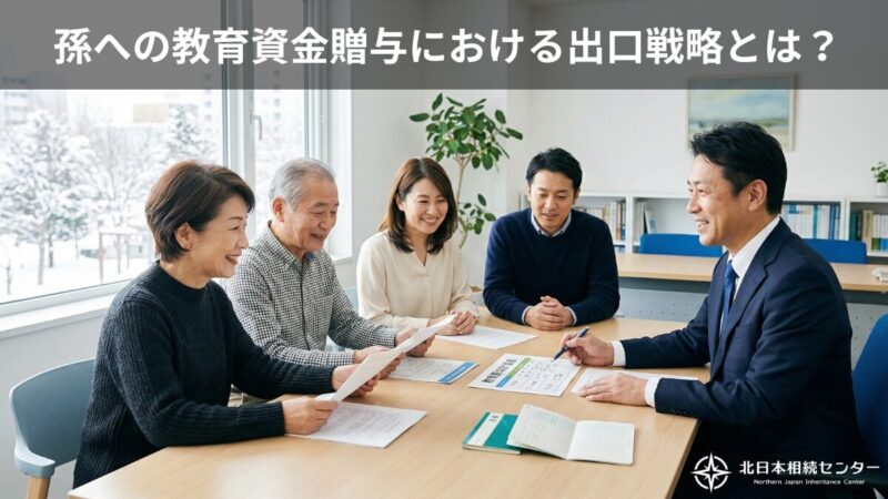 祖父母・親・専門家が、孫への教育資金贈与と相続対策について明るい相談室で話し合う風景