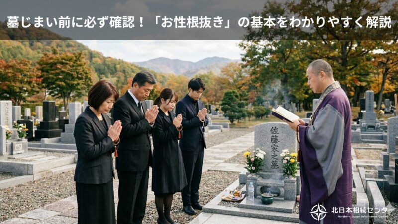 墓じまい前のお性根抜きで、北海道の墓地にて僧侶の読経に合わせ家族が手を合わせている様子