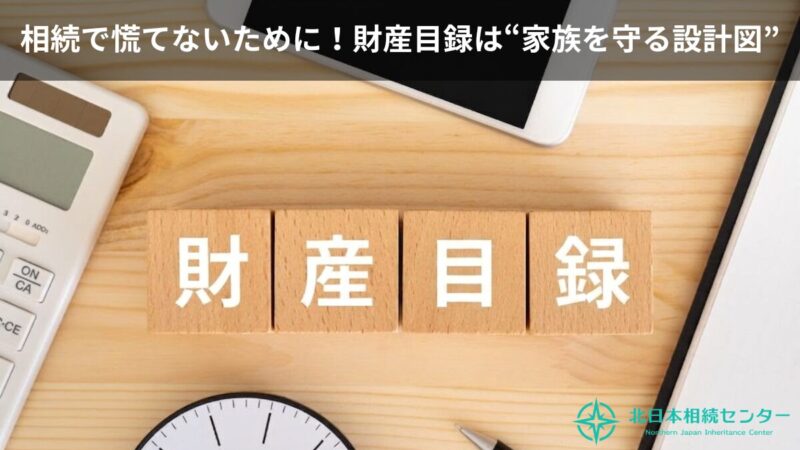 木目の机の上に「財産目録」と書かれた木製ブロックが並び、上部に「相続で慌てないために！財産目録は“家族を守る設計図”」という見出しが入った、北日本相続センターの相続対策イメージ画像。