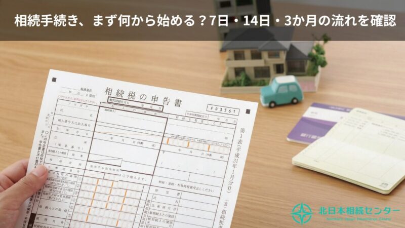 相続税の申告書と通帳、不動産模型を背景に、相続手続きの「7日・14日・3か月」の流れを案内する北日本相続センターのイメージ画像