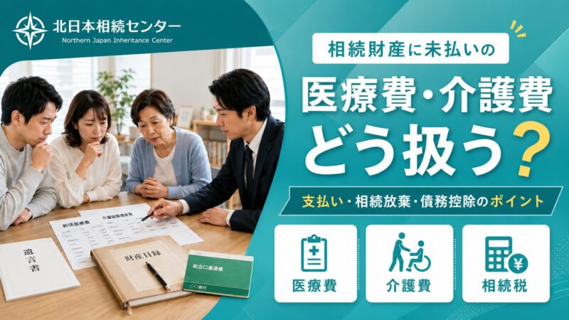 相続財産に未払い医療費や介護費がある場合の扱いを、家族と専門家が財産目録や請求書を見ながら相談しているイメージ