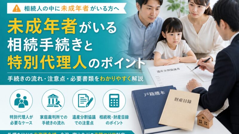 未成年者がいる相続手続きと特別代理人のポイントを、家族と専門家の相談風景、戸籍謄本や財産目録の書類とともに解説する北日本相続センターのアイキャッチ画像